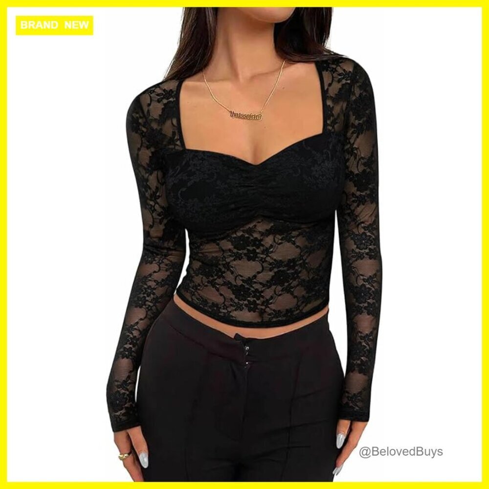 Sheer Mesh Long Sleeve Blouse, Floral Lace, Slim Fit, Square Neck